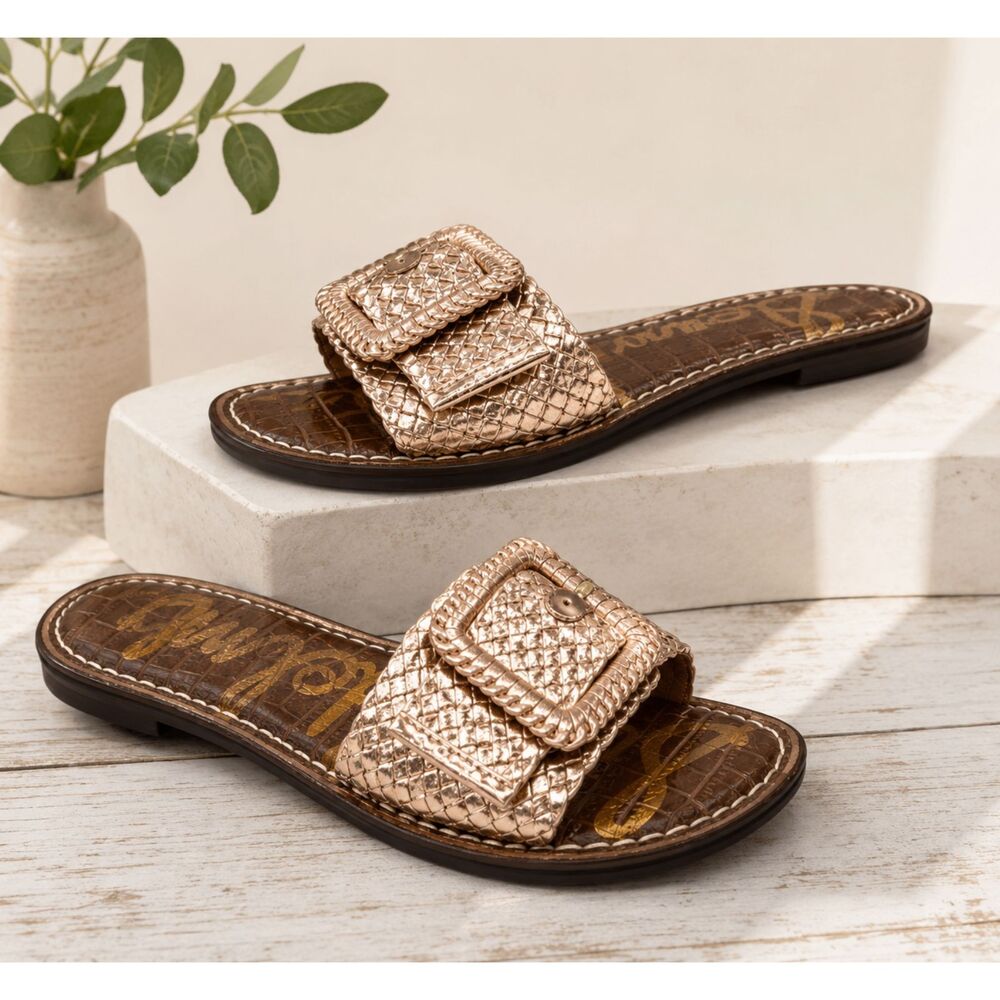 NEW Sam Edelman Gabriela 2 Rose Gold Metallic Slide Sandals Buckle Womens Size 5